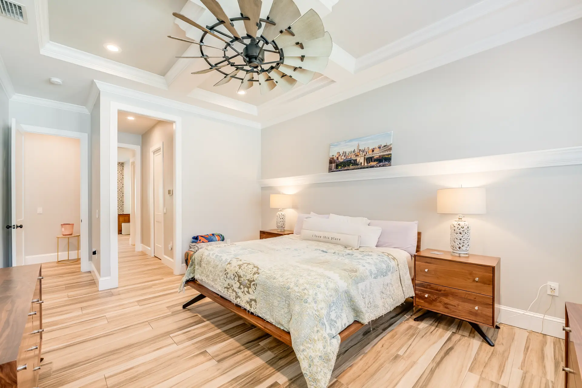 Primary bedroom with tray ceiling in a Tampa Bay, FL home
